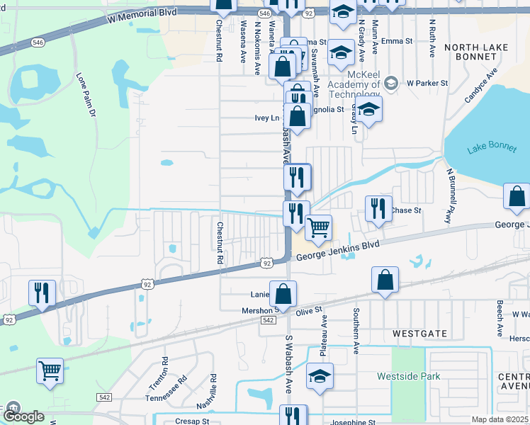 map of restaurants, bars, coffee shops, grocery stores, and more near 16 Nixon Street in Lakeland