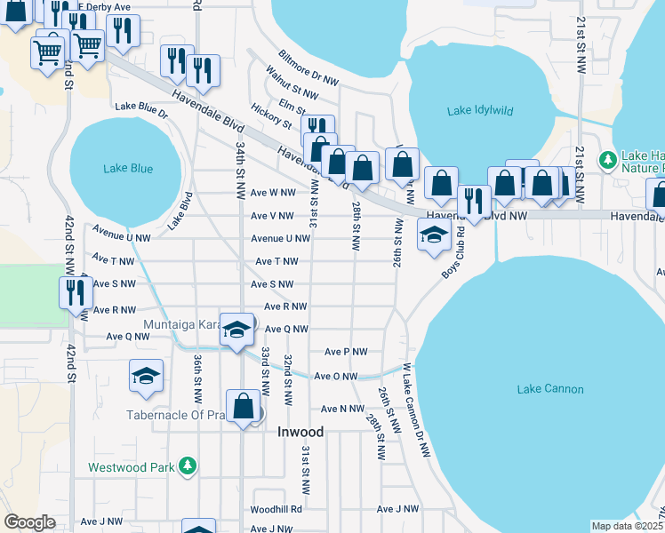 map of restaurants, bars, coffee shops, grocery stores, and more near 2912 Avenue T Northwest in Winter Haven
