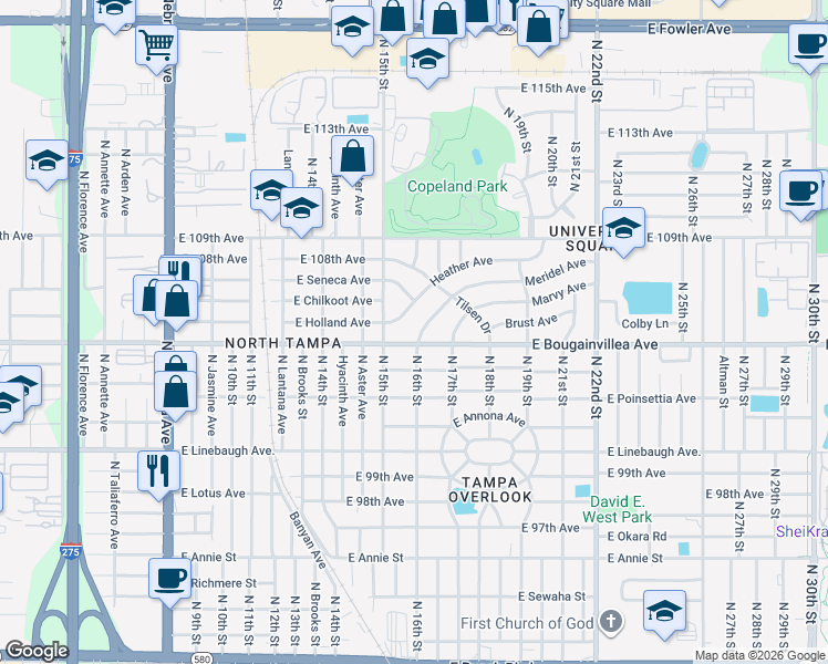 map of restaurants, bars, coffee shops, grocery stores, and more near 1504 Meridel Avenue in Tampa