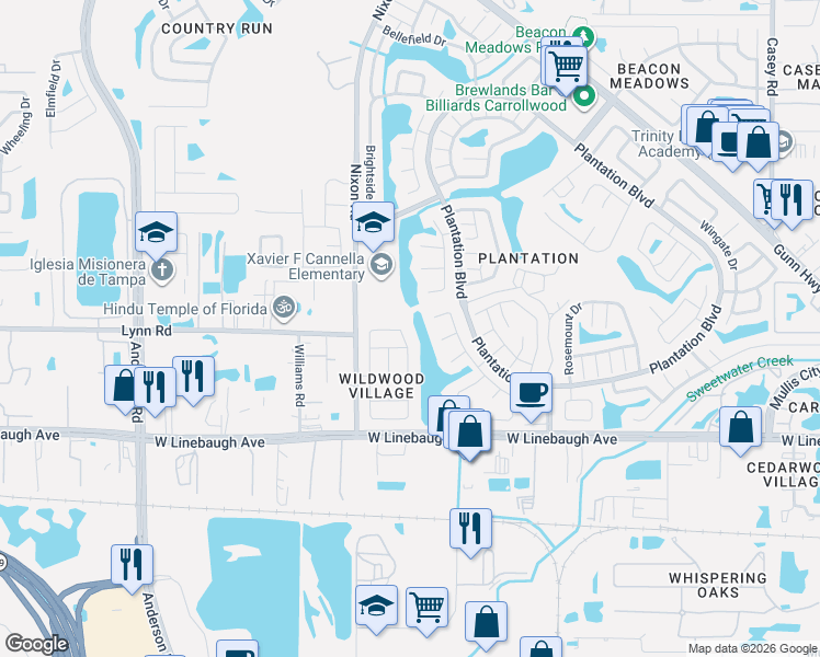map of restaurants, bars, coffee shops, grocery stores, and more near 10137 Cedar Dune Drive in Tampa