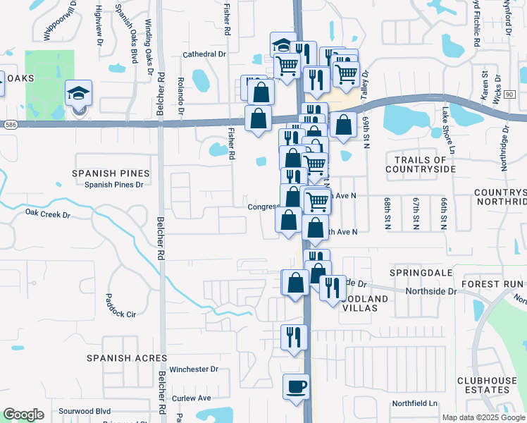map of restaurants, bars, coffee shops, grocery stores, and more near 3382 Covered Bridge Drive West in Dunedin