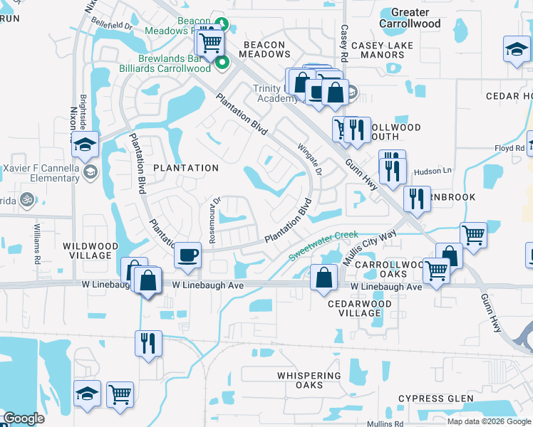 map of restaurants, bars, coffee shops, grocery stores, and more near 10444 Rosemount Drive in Tampa