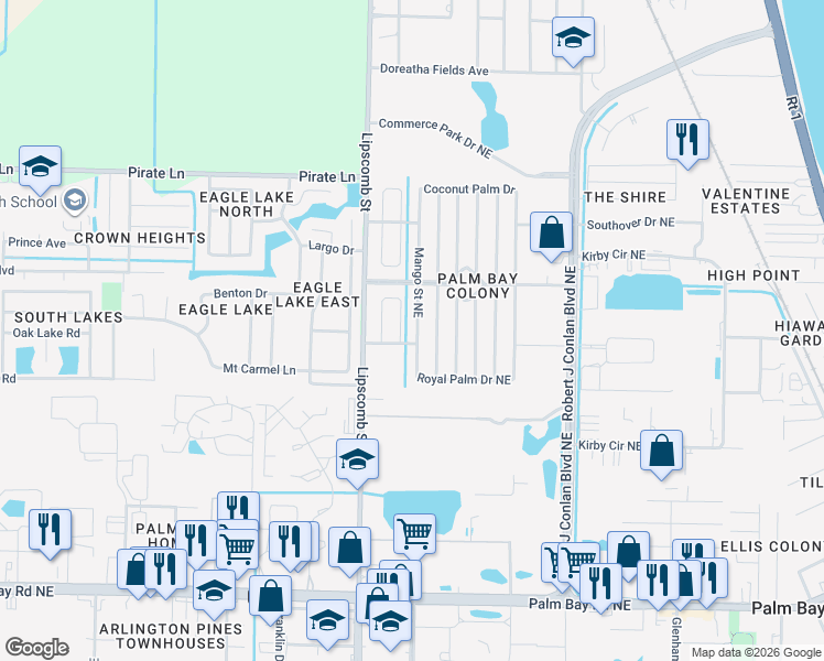 map of restaurants, bars, coffee shops, grocery stores, and more near 1804 Mango Street Northeast in Palm Bay
