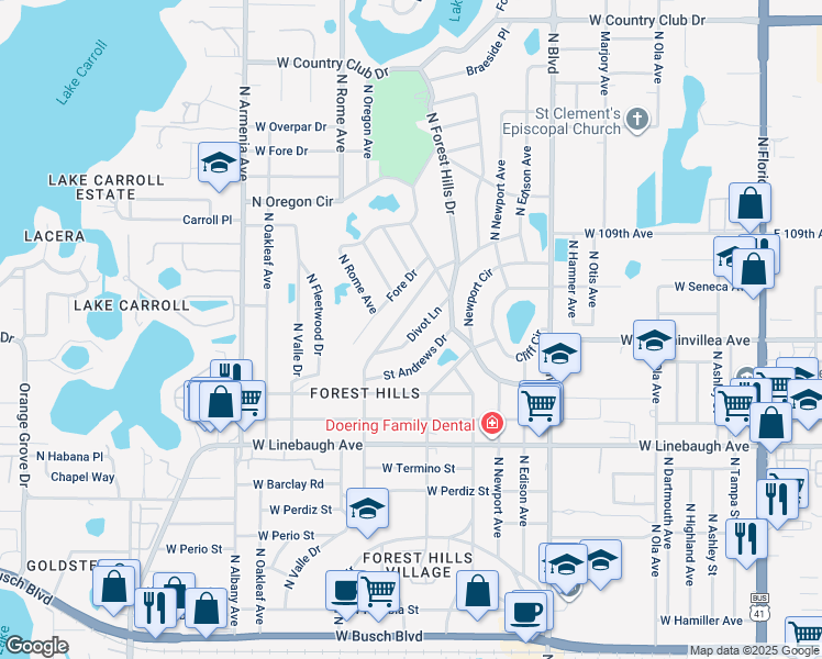 map of restaurants, bars, coffee shops, grocery stores, and more near 1321 Divot Lane in Tampa