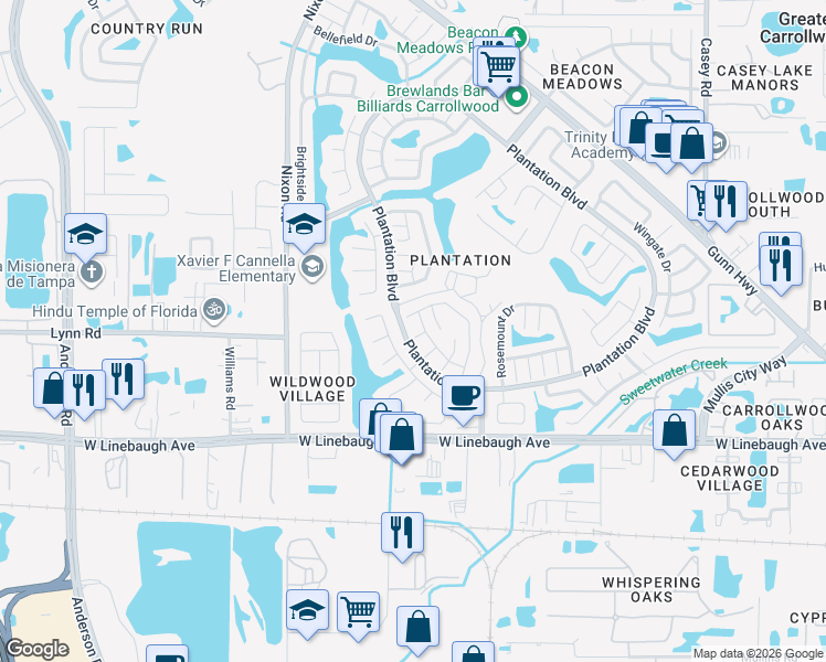 map of restaurants, bars, coffee shops, grocery stores, and more near 10504 Pathview Place in Tampa