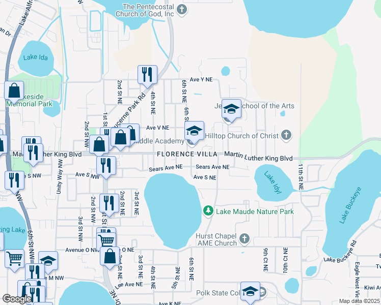 map of restaurants, bars, coffee shops, grocery stores, and more near 601 Avenue T Northeast in Winter Haven