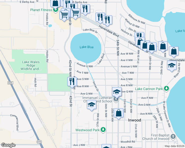 map of restaurants, bars, coffee shops, grocery stores, and more near 3780 Avenue T Northwest in Winter Haven