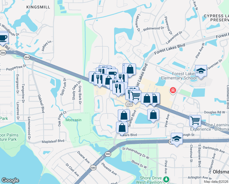 map of restaurants, bars, coffee shops, grocery stores, and more near 3698 Florida 584 in Oldsmar