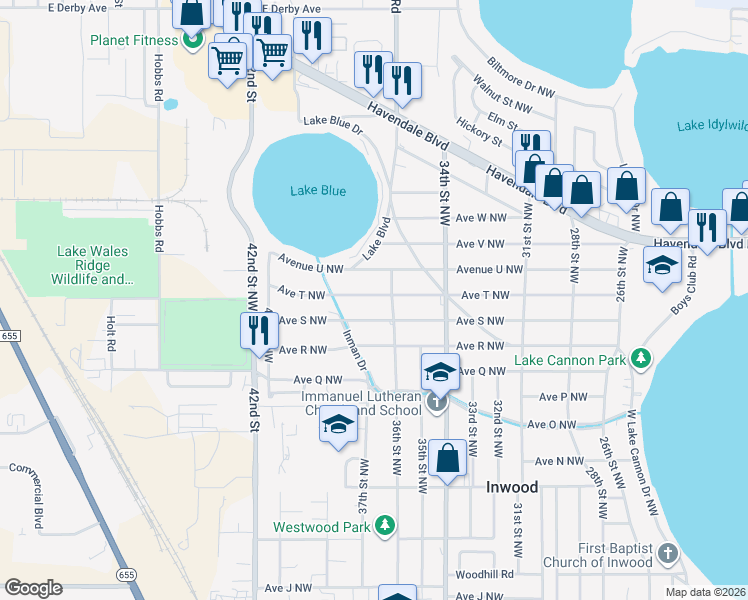 map of restaurants, bars, coffee shops, grocery stores, and more near 3608 Avenue T Northwest in Winter Haven