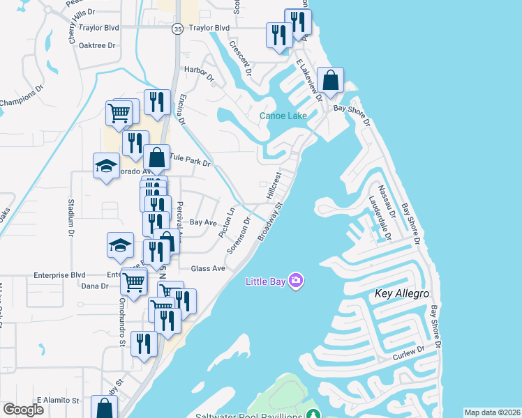 map of restaurants, bars, coffee shops, grocery stores, and more near 1724 Sorenson Drive in Rockport