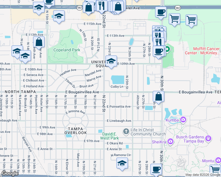 map of restaurants, bars, coffee shops, grocery stores, and more near 2301 Colby Lane in Tampa
