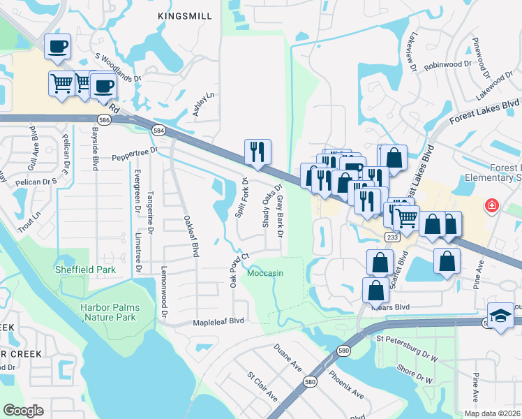 map of restaurants, bars, coffee shops, grocery stores, and more near 1614 Shady Oaks Drive in Oldsmar