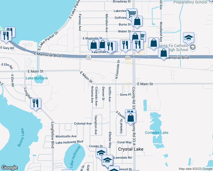 map of restaurants, bars, coffee shops, grocery stores, and more near 2405 East Main Street in Lakeland