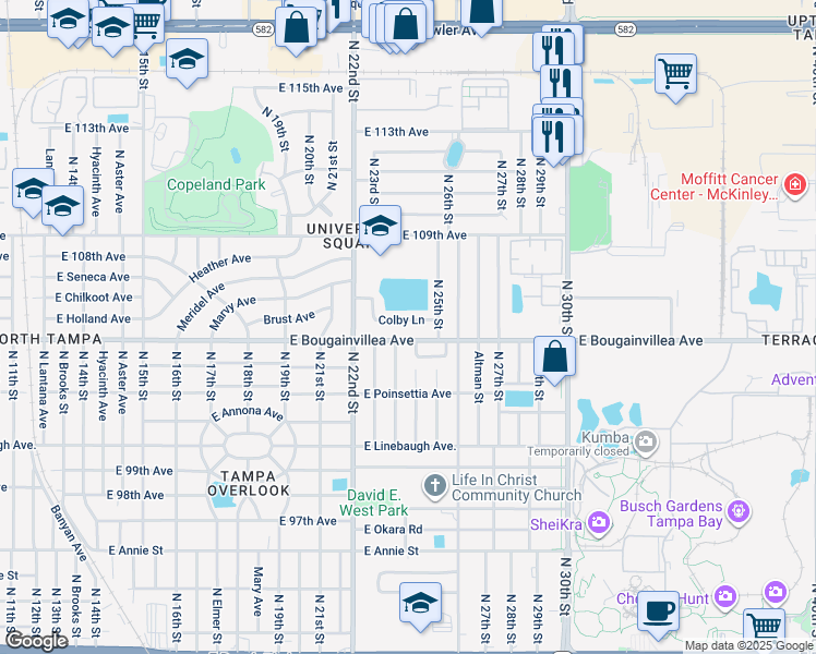 map of restaurants, bars, coffee shops, grocery stores, and more near 2315 Colby Lane in Tampa