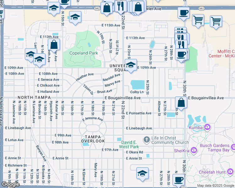 map of restaurants, bars, coffee shops, grocery stores, and more near 10403 North 21st Street in Tampa