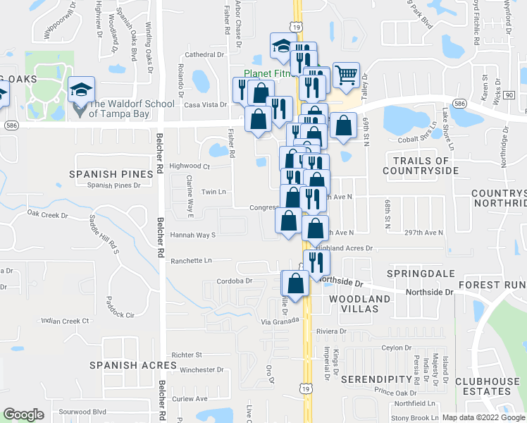 map of restaurants, bars, coffee shops, grocery stores, and more near 3382 Covered Bridge Drive West in Dunedin