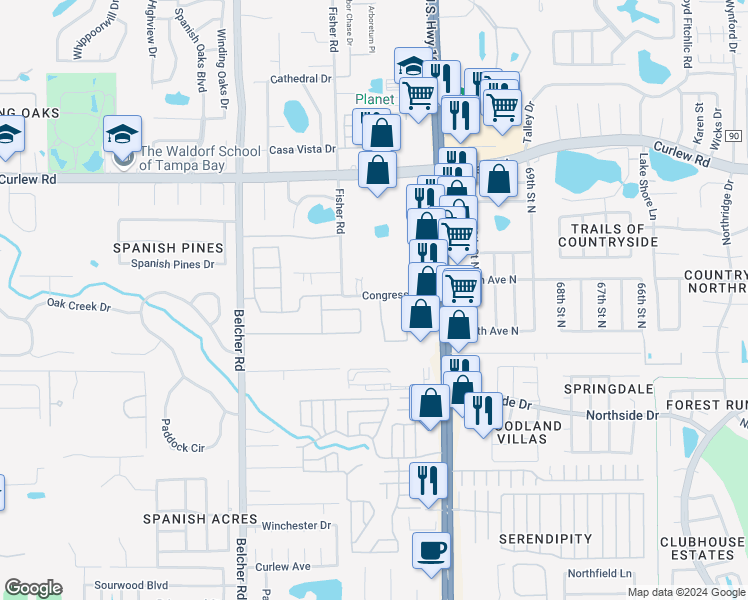 map of restaurants, bars, coffee shops, grocery stores, and more near 3382 Covered Bridge Drive West in Dunedin