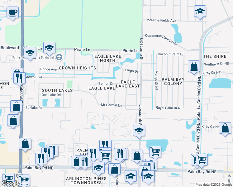 map of restaurants, bars, coffee shops, grocery stores, and more near 4275 Canby Drive in Melbourne