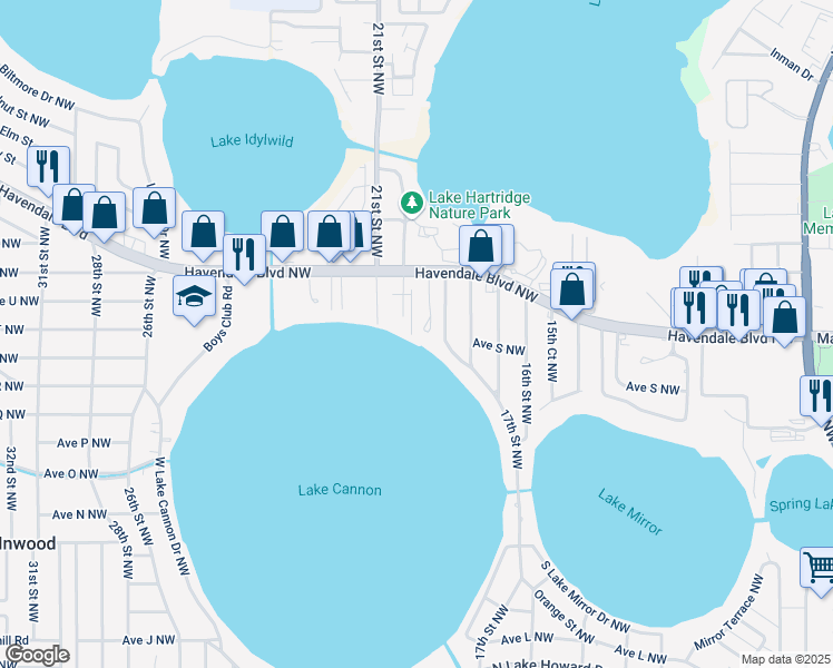 map of restaurants, bars, coffee shops, grocery stores, and more near 30 Casarena Court in Winter Haven