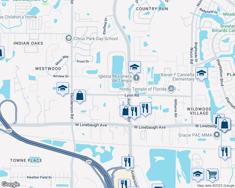 map of restaurants, bars, coffee shops, grocery stores, and more near 11077 Lynn Lake Entry Way in Tampa