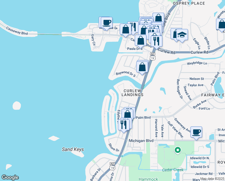 map of restaurants, bars, coffee shops, grocery stores, and more near 2299 Lagoon Drive in Dunedin