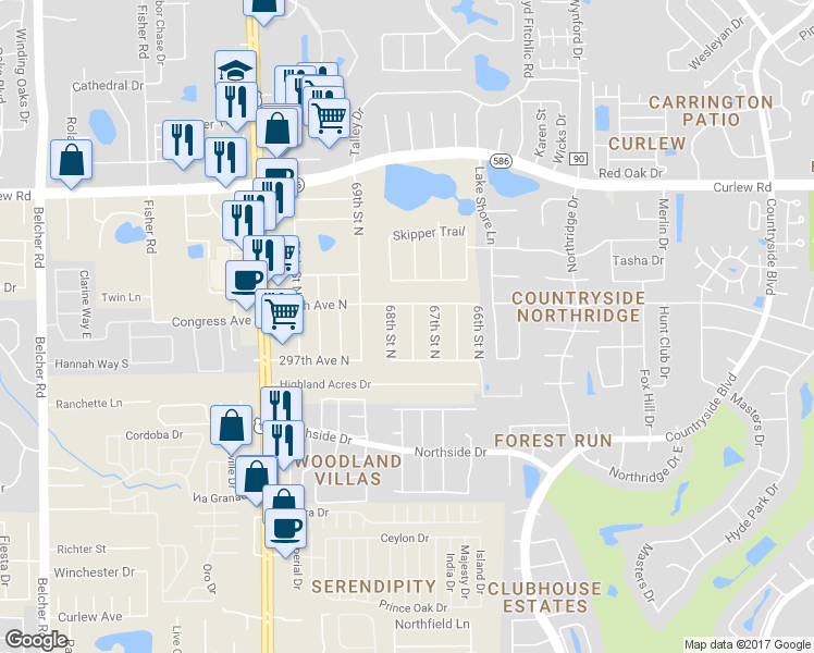 map of restaurants, bars, coffee shops, grocery stores, and more near 29762 67th Way North in Clearwater