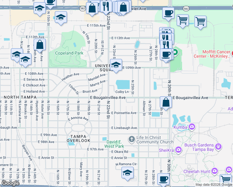 map of restaurants, bars, coffee shops, grocery stores, and more near 2303 Colby Lane in Tampa