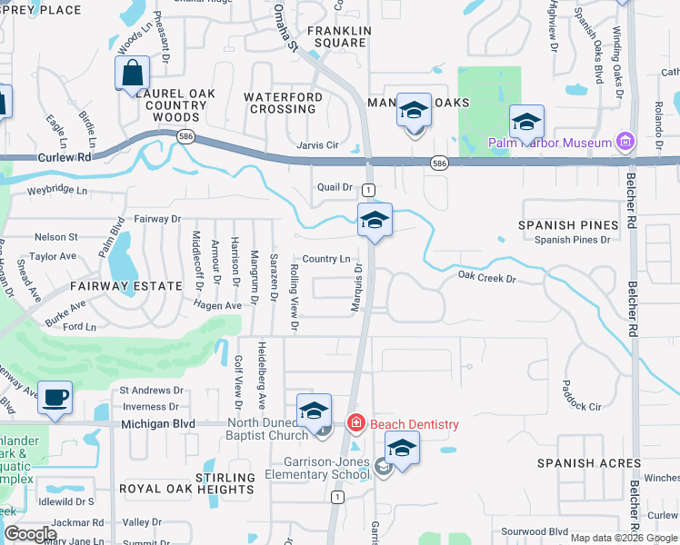 map of restaurants, bars, coffee shops, grocery stores, and more near 1670 Honeybear Lane in Dunedin