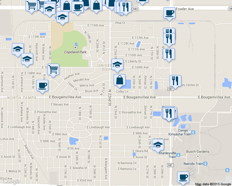 map of restaurants, bars, coffee shops, grocery stores, and more near 2301 Colby Lane in Tampa