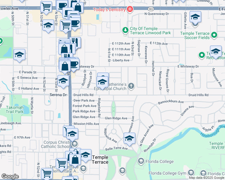 map of restaurants, bars, coffee shops, grocery stores, and more near 507 Carriage Hills Dr in Temple Terrace