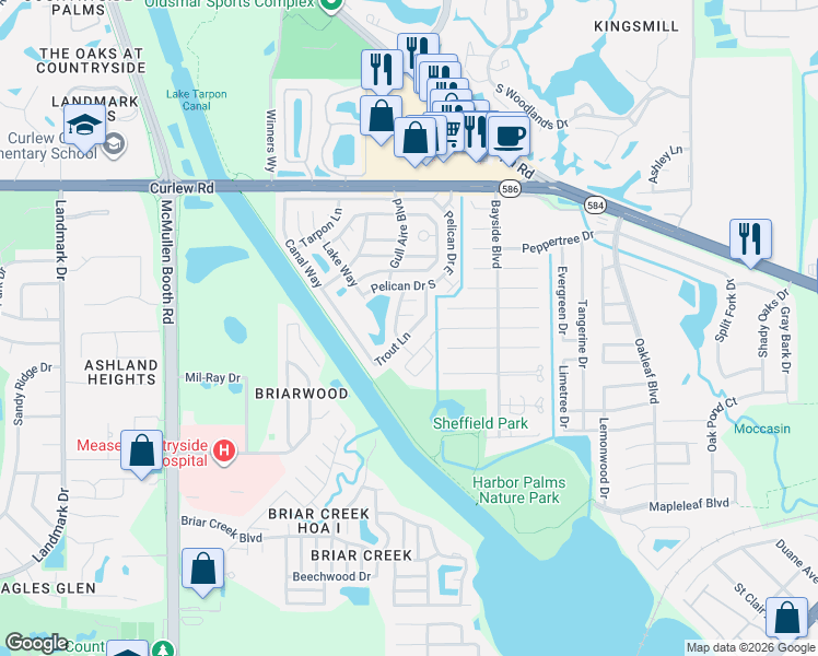 map of restaurants, bars, coffee shops, grocery stores, and more near 472 Trout Lane in Oldsmar