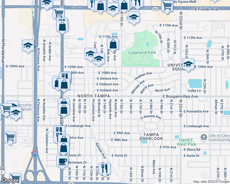 map of restaurants, bars, coffee shops, grocery stores, and more near 1409 East Holland Avenue in Tampa