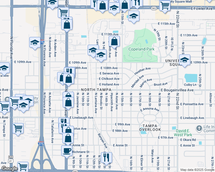 map of restaurants, bars, coffee shops, grocery stores, and more near 1409 East Holland Avenue in Tampa