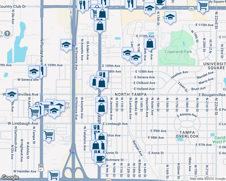 map of restaurants, bars, coffee shops, grocery stores, and more near 1007 East Holland Avenue in Tampa