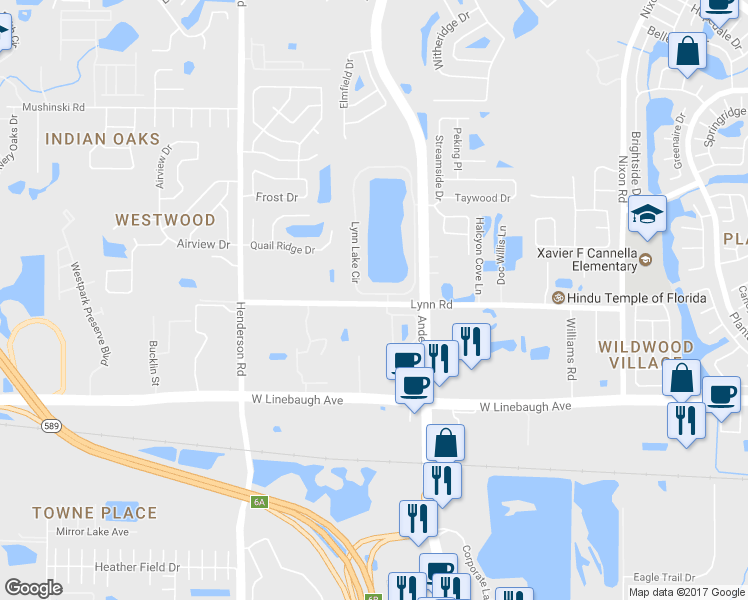 map of restaurants, bars, coffee shops, grocery stores, and more near 11077 Lynn Lake Entry Way in Tampa