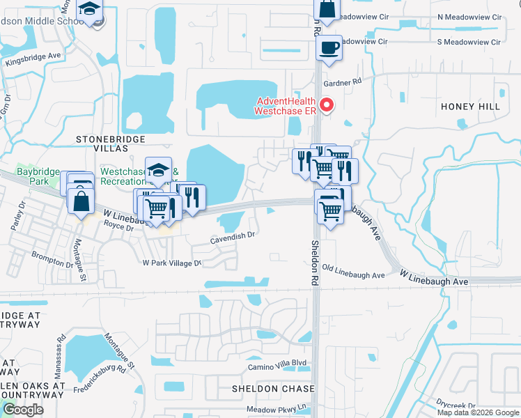 map of restaurants, bars, coffee shops, grocery stores, and more near 108 Cavendish Drive in Westchase