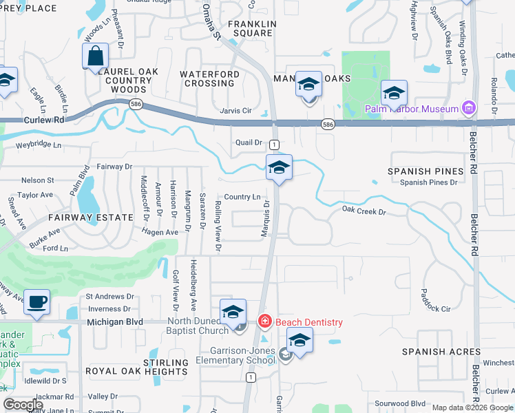 map of restaurants, bars, coffee shops, grocery stores, and more near 1670 Honeybear Lane in Dunedin