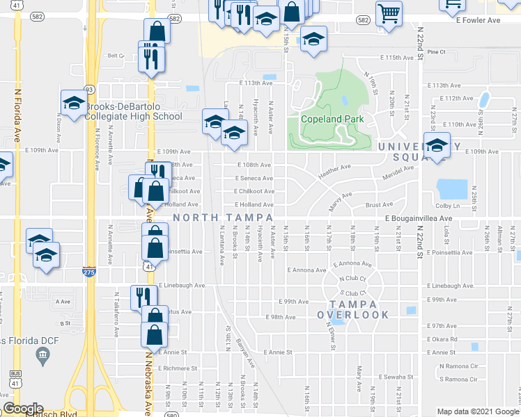 map of restaurants, bars, coffee shops, grocery stores, and more near 1409 East Holland Avenue in Tampa
