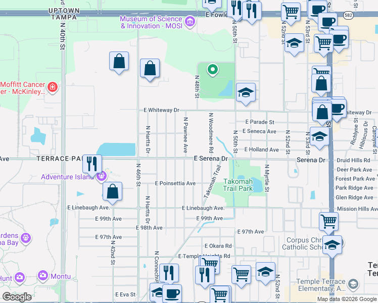 map of restaurants, bars, coffee shops, grocery stores, and more near 10405 North Pawnee Avenue in Tampa