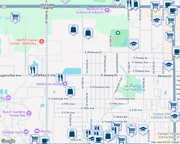 map of restaurants, bars, coffee shops, grocery stores, and more near 10406 North Connechusett Road in Tampa