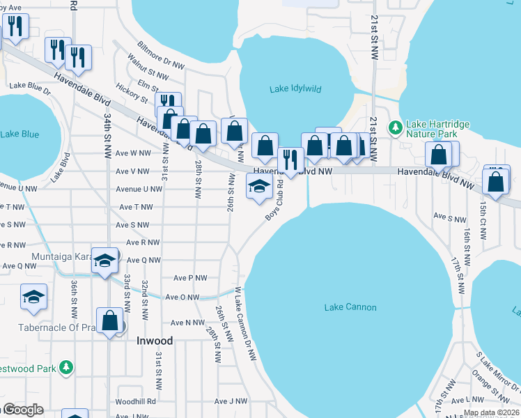 map of restaurants, bars, coffee shops, grocery stores, and more near 2500 Havendale Boulevard Northwest in Winter Haven