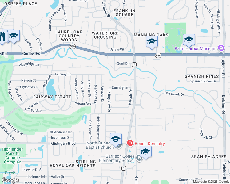 map of restaurants, bars, coffee shops, grocery stores, and more near 2510 Lookout Drive in Dunedin