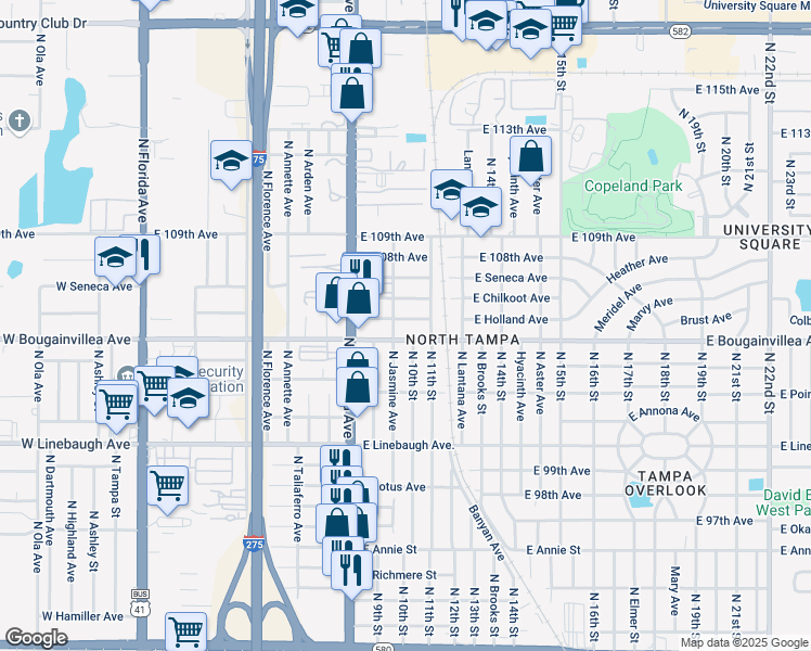 map of restaurants, bars, coffee shops, grocery stores, and more near 1007 East Holland Avenue in Tampa