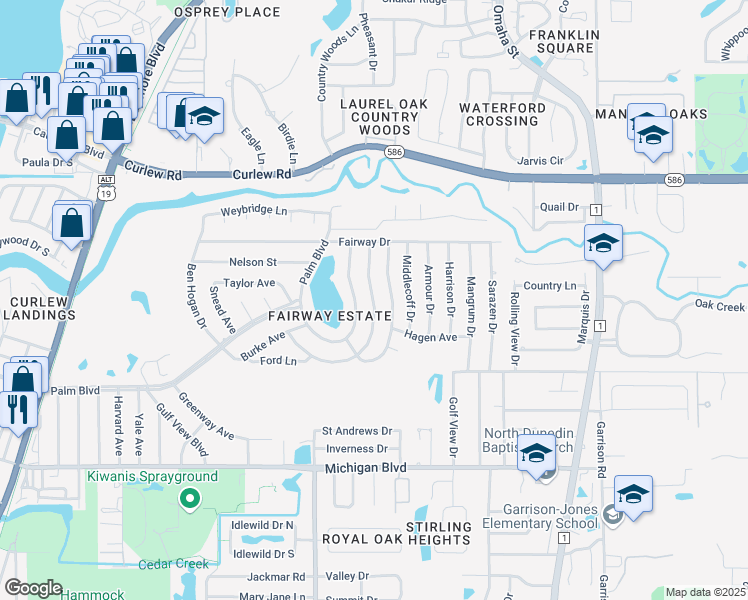 map of restaurants, bars, coffee shops, grocery stores, and more near 2331 Watrous Drive in Dunedin