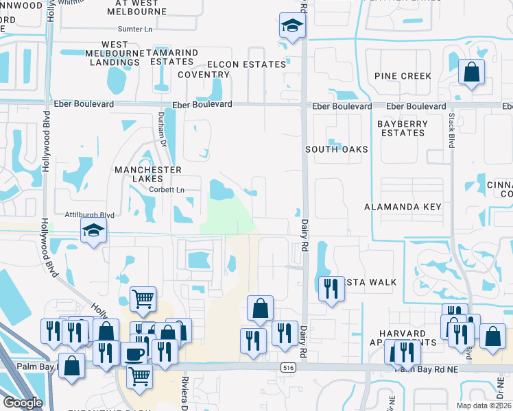 map of restaurants, bars, coffee shops, grocery stores, and more near 4734 Magenta Isles Drive in Melbourne