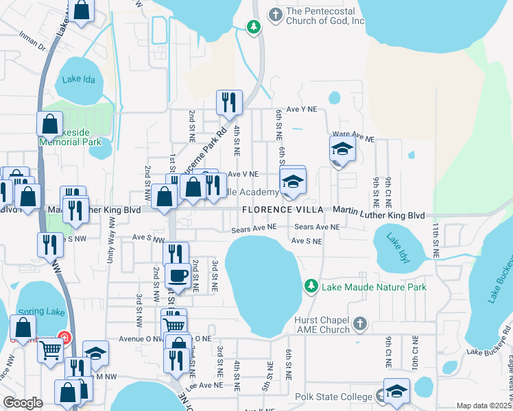 map of restaurants, bars, coffee shops, grocery stores, and more near 501 Martin Luther King Boulevard Northeast in Winter Haven