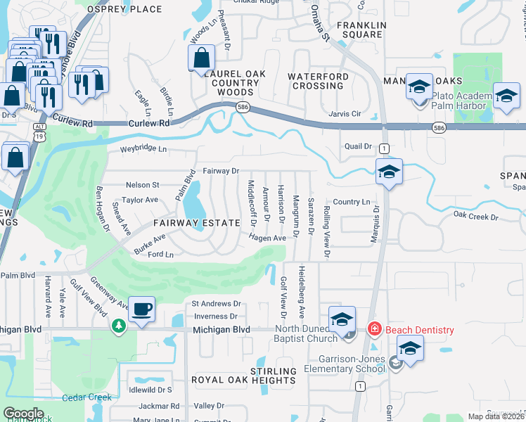 map of restaurants, bars, coffee shops, grocery stores, and more near 2334 Armour Drive in Dunedin