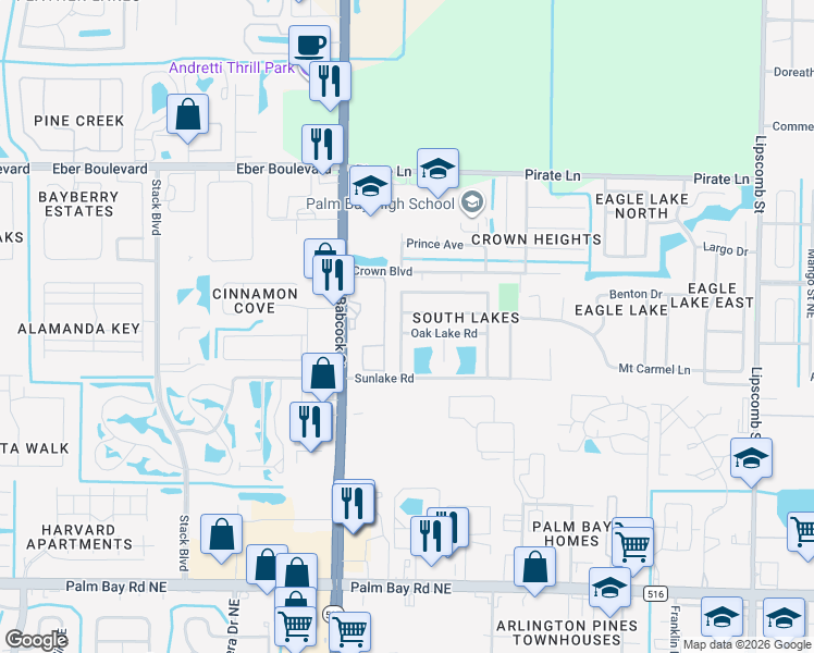 map of restaurants, bars, coffee shops, grocery stores, and more near 100 Oak Lake Road in Melbourne