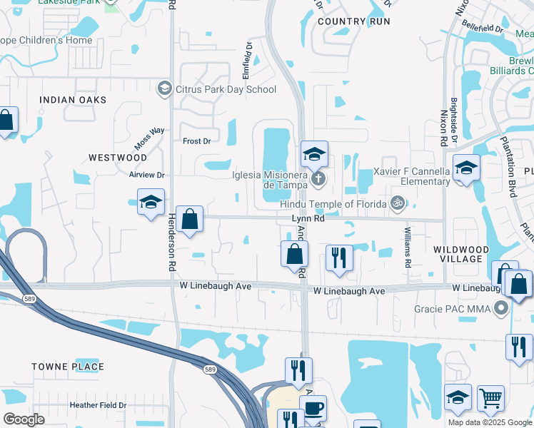 map of restaurants, bars, coffee shops, grocery stores, and more near 11077 Lynn Lake Entry Way in Tampa