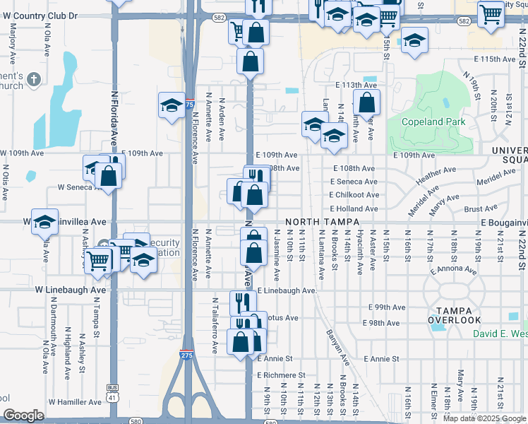 map of restaurants, bars, coffee shops, grocery stores, and more near 909 East Holland Avenue in Tampa